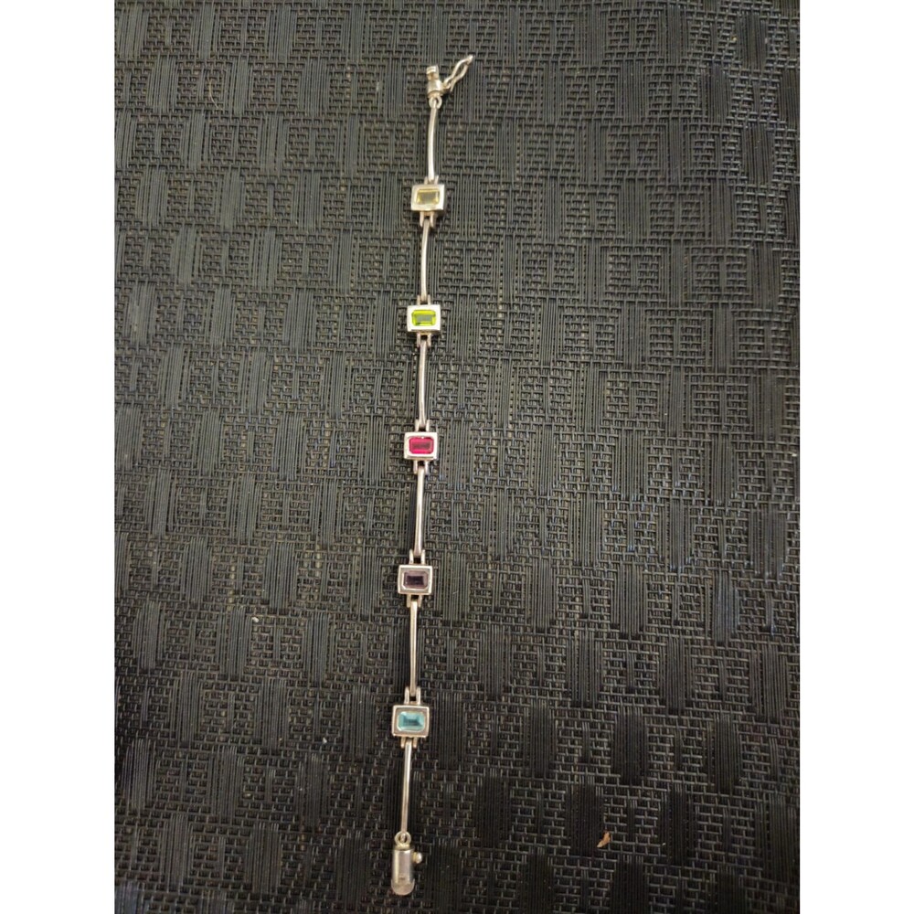 Vintage Sterling Silver Rainbow Gemstone Tennis Bracelet 925 Multi Color Emerald